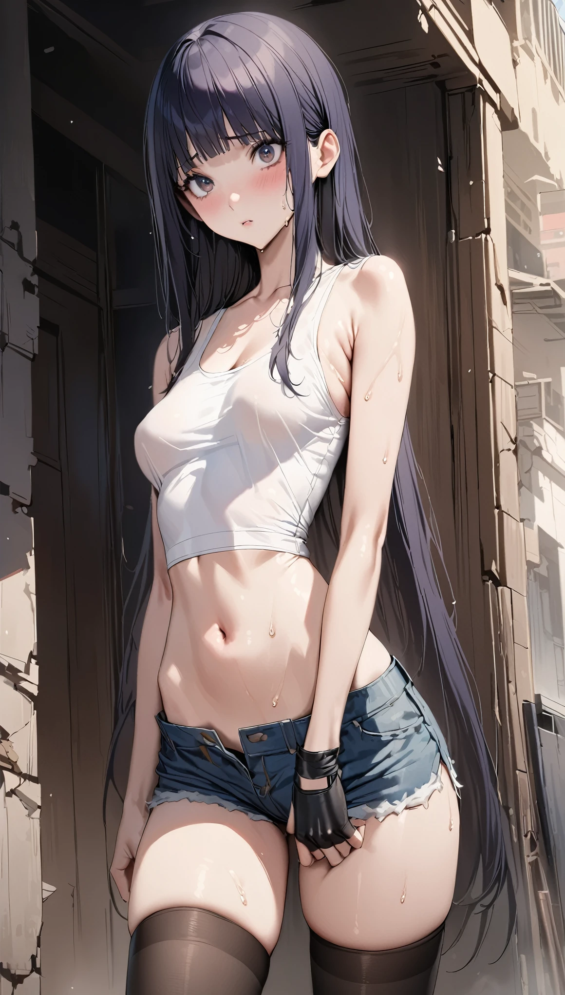 ((masterpiece,best quality anime:1.3,Best Quality)),realistic,cowboy shot,portrait,1woman,young adult,(dark blue hair),straight long hair,bangs,((very small head)),gray eyes,((gorgeous big eyes)),shy,long body,medium breasts,(White tank top、Denim shorts、black_thighhighs、Black fingerless gloves)、(slender body),heavy sweat,standing,on street,ruins、Ruined City、