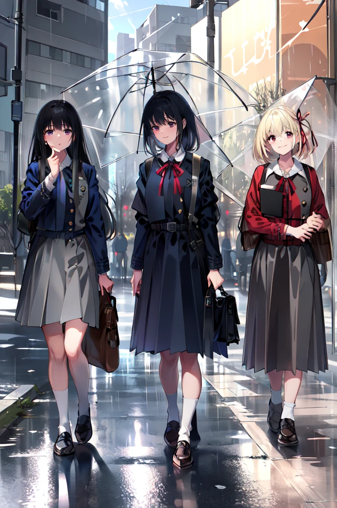 (masterpiece:1.2), best quality,pixiv,Chisato and Takina,
nishikigi chisato, multiple girls, inoue takina, lycoris uniform, black hair, blonde hair, long hair, grey dress, pleated dress, short hair, dress, two-tone dress, red eyes, umbrella, bag, ribbon, holding, hair ribbon, school uniform, red ribbon, rain, holding umbrella, bangs, black socks, red dress, socks, blue dress, white shirt, purple eyes, shirt, city, looking at viewer, long sleeves, red belt, backpack
 