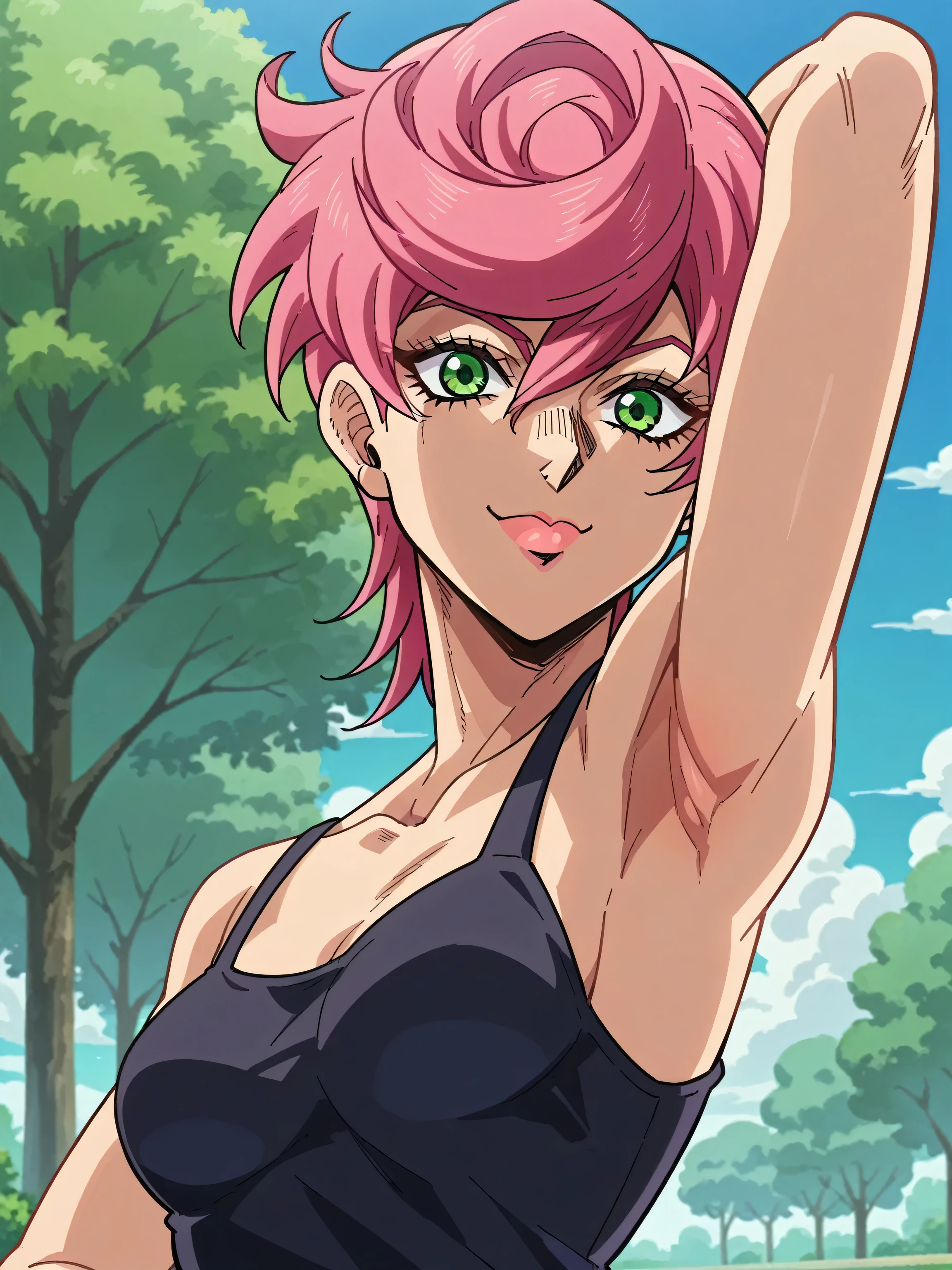 score_9, score_8_up, score_7_up, source_anime, anime screencap, outdoors, day, park, 1girl, solo, trishjojo, looking at viewer, head towards viewer, tank top, black tank top, collarbone, bare shoulders, bare arms, arm, behind head, armpit, smile, closed mouth, from side, from below 