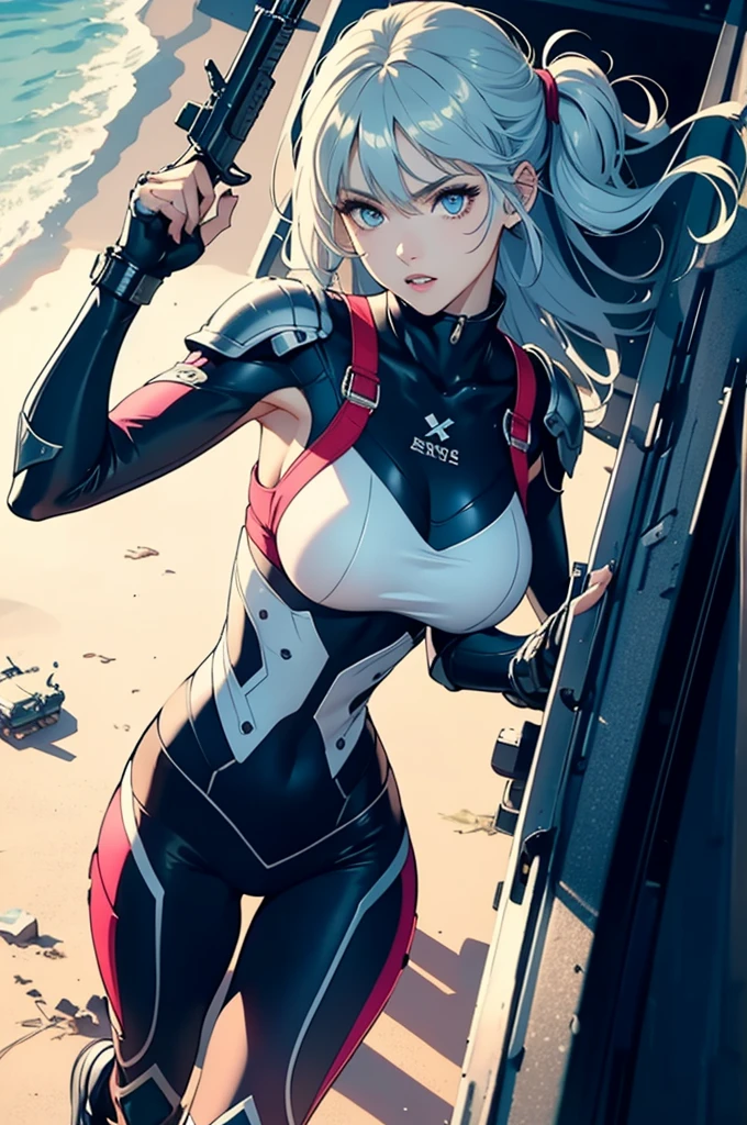 ((The highest quality)), ((masterpiece)), (be familiar with), (high definition), 8K, perfect face、pretty young woman with long pink hair, light blue eyes、((Tankの上に乗っている:1.2))、((Astride the turret)) Volumetric hairstyle、perspiration、big breasts、narrow waist、attractive、Protector、green combat armor、combat tight suit con escote largo、combat boots、Equipped with large firearms、cinematic、The best shadow、side lighting、Neo Tokio、riot、Explosion、Tank、Helicopter、90 anime retro style (Close-up of the face) (full face)