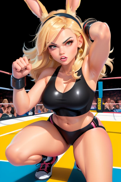 A cartoon image of a woman in a wrestling ring., Lola bunny fan art, fists in the air, Inspired by Bruce Timm, POWERFUL GIRL, She is ready to fight, high resolution commission, cartoon art style, Fighting pose, Shaded art style, Pose ruda, Cartoon style illustration, Heavy gesture style close-up, Cartoon art style, Android 18