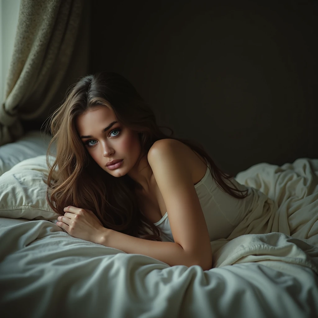 A woman naked tied to the bed with leather handcuffs