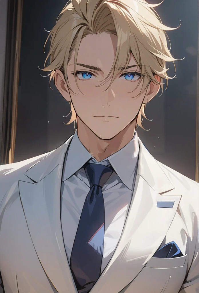 1 handsome man, blond hair, icy blue eyes, square jaw, white suit, buttoned-up shirt, tie, prideful,haughty expression, disgusted, narrowed eyes, (best quality,4k,8k,highres,masterpiece:1.2),ultra-detailed,studio lighting,ultra-fine painting,sharp focus,physically-based rendering,extreme detail description,professional,cool colors,tareme,eyes slant slightly down,grossed out expression,small eyes,mature adult,30 years old