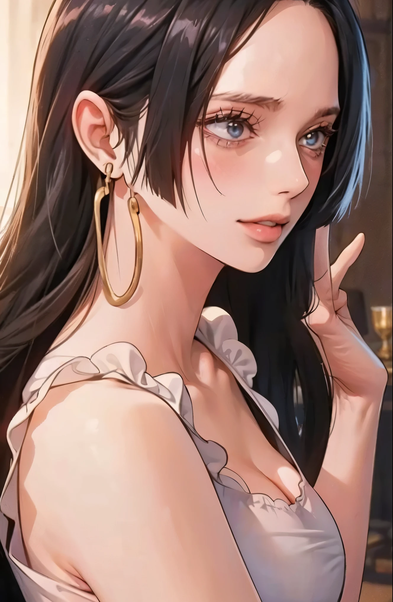 best quality, masterpiece, highly detailed,1girl, Boa Hancock, , (masterpiece:1.5), Detailed Photo, Smiling, Sexy, (8K, Best Quality: 1.4), (1girl), Beautiful Face, (anime realistic Face), (Black Hair, long Hair: 1.3), Beautiful Hairstyle, Realistic eyes, beautiful detail eyes, (white skin), beautiful skin, absurd, attractive, ultra high resolution, ultra realistic, high definition, golden ratio, (sexually aroused:1.5), Pinkish white skin, cool white light, sexy pose, Beautiful , white background, pink soft white light, Wear a white tank top