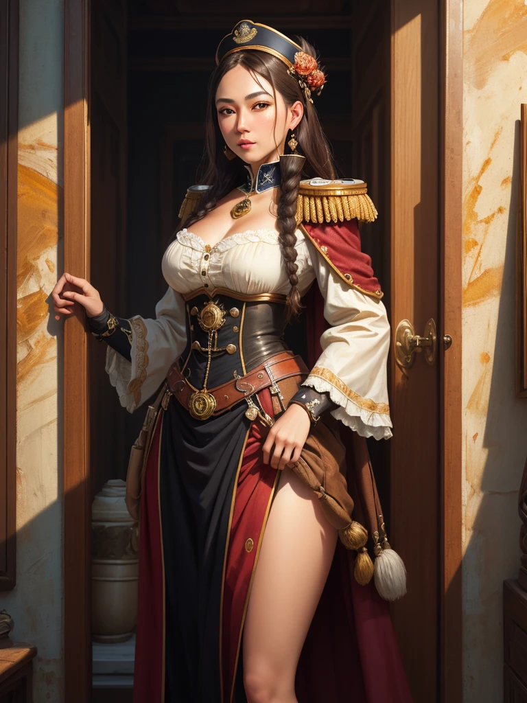 She is Admiral from naval army, century XIX, ((Best quality)), ((masterpiece)), (highly detailed:1.3), Depth-of-field, Multi-layered textures, HDR (High Dynamic Range), Ray Tracing, NVIDIA RTX, Unreal 5, Subsurface scattering, PBR Texturing, Post-processing, Anisotropic Filtering, Maximum clarity and sharpness, Wide aperture, Low ISO, White balance, Rule of thirds, 8K RAW, art, neoclassical painting, mural, Venetian painting style, oil painting, steampunk style,