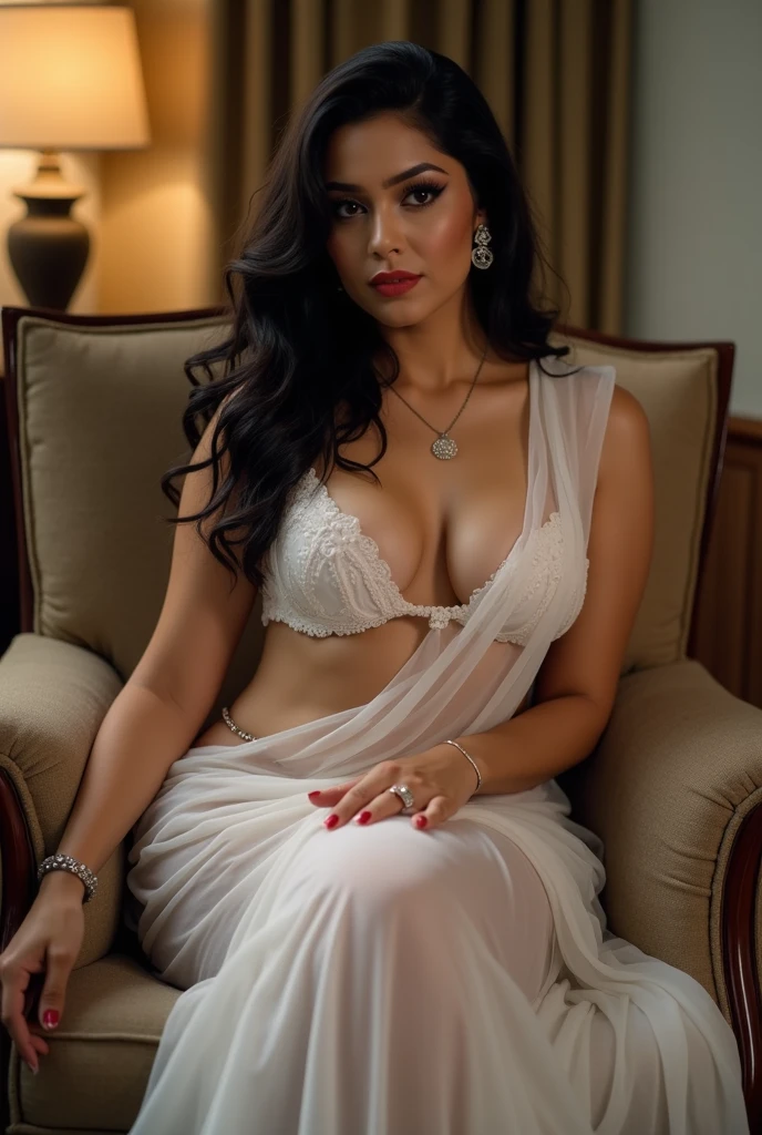 Imagine a woman lounging on a luxurious, velvet chaise longue in a dimly lit, elegant room. She has long, flowing dark hair cascading over her bare shoulders, and she is wearing a delicate, sheer lace robe that subtly reveals her curves. The robe is loosely tied at the waist, offering a tantalizing glimpse of her toned figure. Her skin has a soft, warm glow under the ambient light, which is provided by a vintage chandelier and a few scattered candles. The woman’s pose is relaxed yet suggestive, with one leg slightly bent and the other stretched out, drawing attention to her smooth legs. Her expression is sultry, with half-closed eyes and a slight, inviting smile on her lips. A glass of red wine sits on a nearby side table, adding to the intimate and luxurious atmosphere of the room. The background features rich, dark curtains and soft, plush cushions, enhancing the sensual mood of the setting.