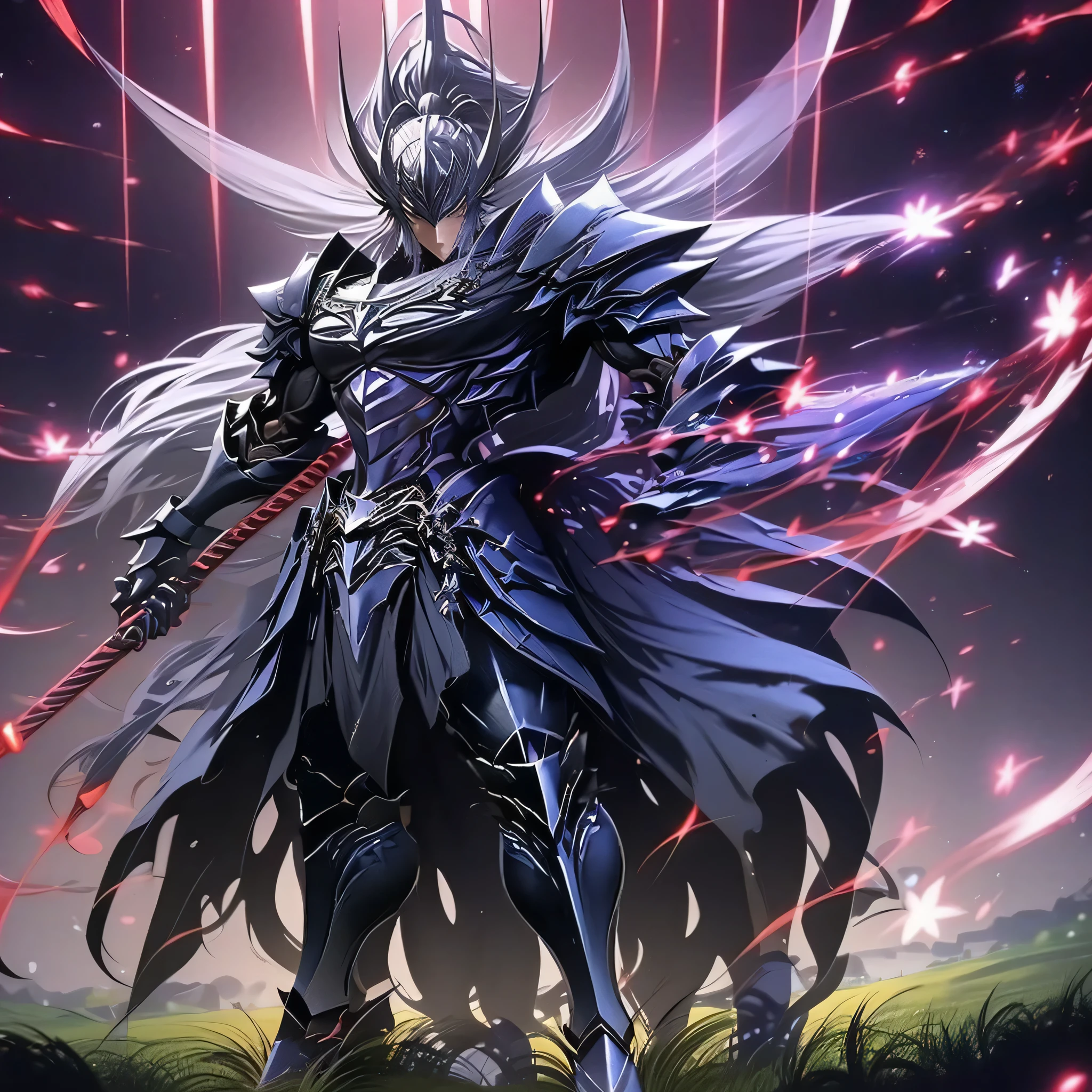 a young male warrior with a slender yet muscular build, stands confidently in his battle stance. He wears a dark, ether-infused armor with glowing blue energy lines running along his body, emphasizing his connection to mystical forces. His long black hair flows freely in the wind, and his sharp, determined eyes emit a faint blue glow. In his right hand, he grips a glowing katana with lightning crackling around the blade. His combat pose shows a mix of readiness and focus, standing in front of a stormy battlefield with magical runes floating in the air.