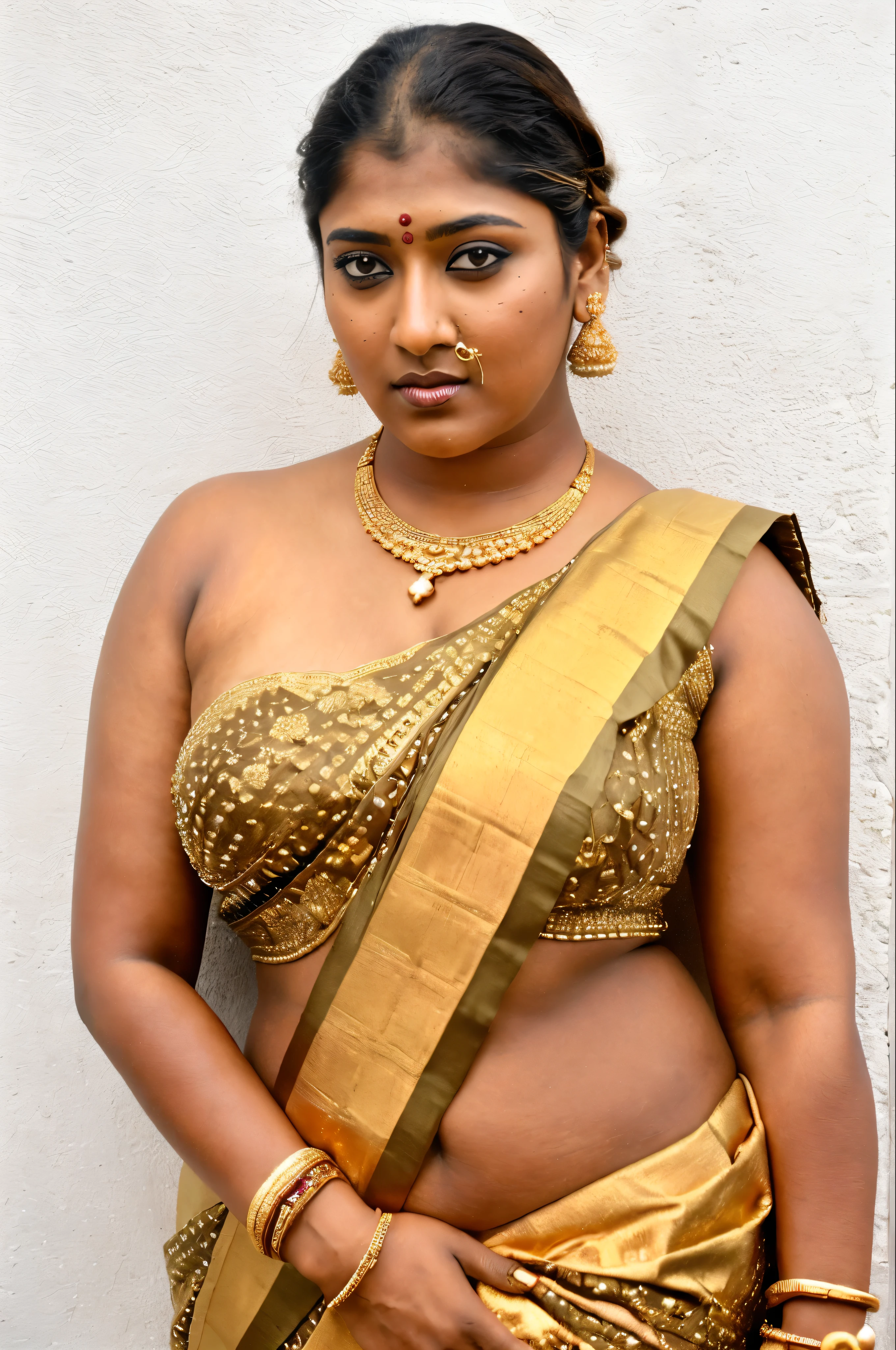 Looks like Nayanthara, thick figure, bulky figure, fleshy figure, black lips, masterpiece Portrait, Indian ethnic jewellery, (aesthetic), alluring figure, sexy navel folds, beautiful hypnotizing gazing eyes, Full figured woman, heavy figure, attractive, gorgeous, stunning beauty, milf, 5 Woman, mommy figure, maami, Amma, desi mature aunty, attractive body, araffe woman in a gold sari posing for a portrait, chocolate skin, skin pores, sweat, incredible skin texture, wearing gold jewellery, photo of a hand jewellery model, premium ethnic jewellery, sexy woman with dark complexion, indian girl with brown skin, chocolate beauty, beautifully styled hair, traditional beauty, wearing elegant jewellery, traditional makeup, with small studded earings, indian goddess, indian, intricate thin details in gold, gold jewellery, modeling shoot, 7 0 mm portrait, dramatic lighting, cinematic colour grading, (aesthetic), erotic fantasy, sensual desire, insane skin texture details, high level colour grading, provoking sense of desire,