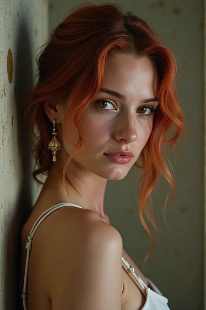 Young Caucasian woman (((redhead))), (((light-colored eyes))), thin face, (exquisitely detailed with nuanced textures), full lips, (vibrant red lipstick, professionally applied), ((polished, high-end makeup)), medium hair, captivating seductive smile, wearing a (pristinely white, form-fitting tank top), minimalist jewels, posed against a (seamless, bare, and subtly textured wall) in a professionally lit setting: (soft, expertly feathered illumination with subtle gradient, devoid of harsh shadows), film grain: 1.2, and a delicate, dreamy soft focus (accentuating facial details while gently blurring peripherals).