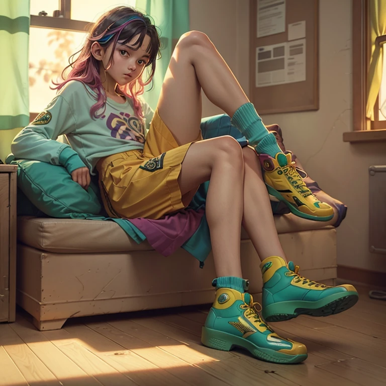 A pair of brightly colored Crocs shoes take center stage in this vibrant still, their punk-inspired design showcasing an array of metallic studs and bold patterns. The shoes' spacious compartments cradle a pair of neon green socks, their playful hue a stark contrast against the rugged exterior. A youthful foot, boasting a warm, sun-kissed complexion and adorned with a rainbow of multicolored bracelets, slips into the right shoe. The individual's gaze is fixed off-camera, a mixture of curiosity and anticipation etched across their features. The scene is enveloped in a warm, inviting glow, the soft, golden light of a late afternoon sun filtering through a nearby window. The overall image exudes a carefree, youthful energy, drawing inspiration from the whimsical visual style of filmmaker Wes Anderson, complete with a subtle film grain, vivid color grading, and a dreamlike atmosphere.