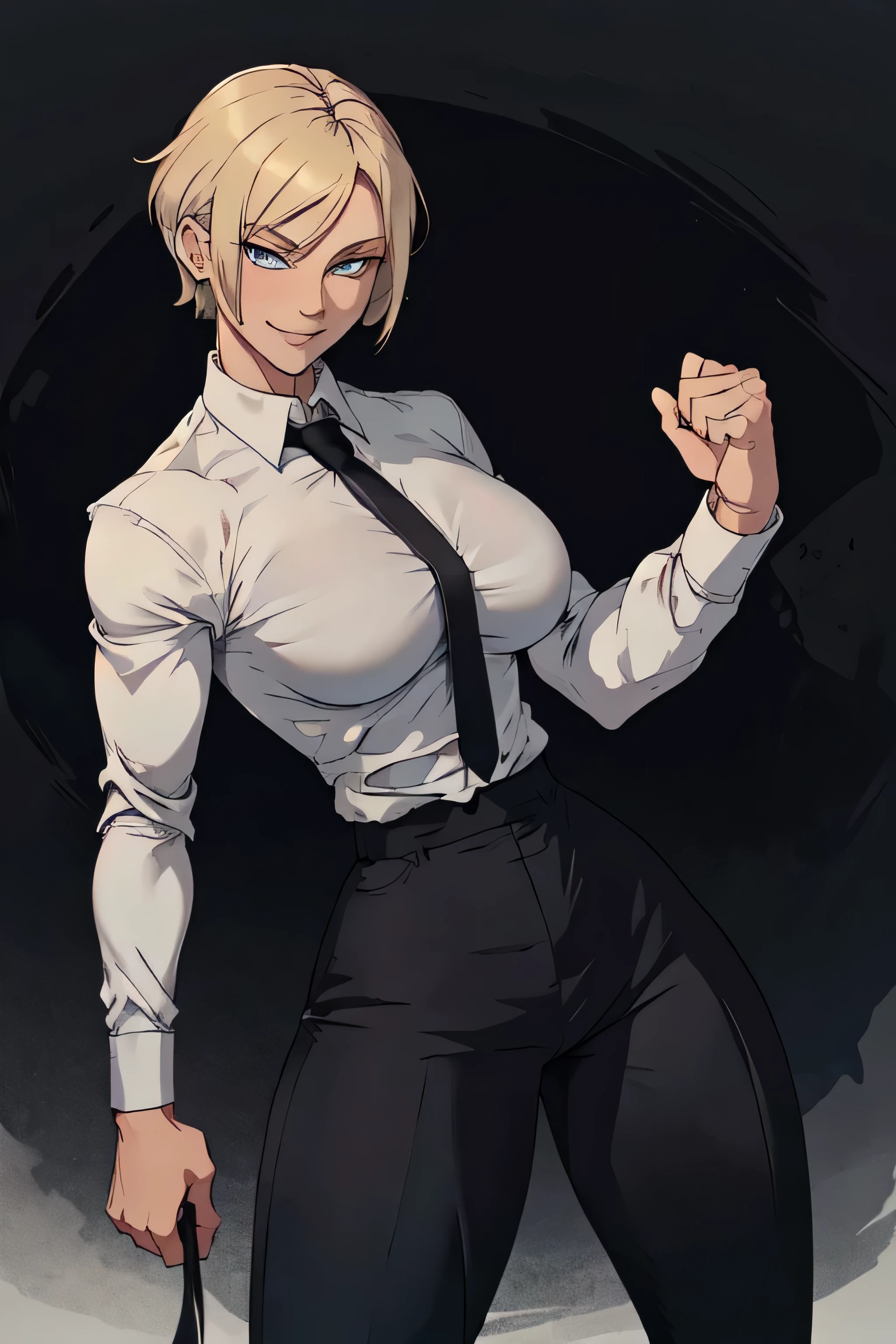  with short blonde hair, blue eyes, wearing a white shirt, breasts, with a black tie, defined body, Wearing black pants, defined waist, hips, collared shirt, Ripped white shirt Smiling in fighting stance