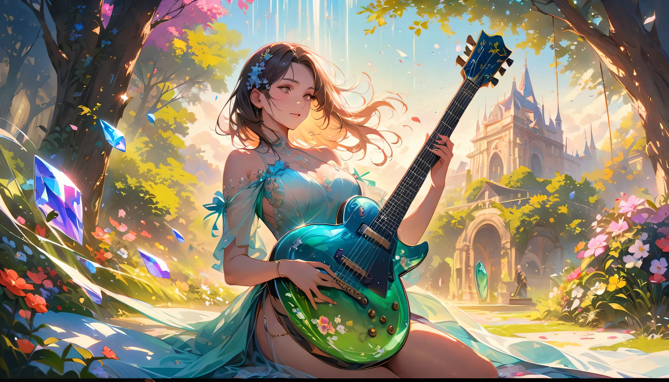 (best quality,4k,8k,highres,masterpiece:1.2),ultra-detailed,realistic,crystal-clear guitar carving,translucent morning of spring,sunlight reflection on guitar,body details,delicate strings,vibrant color palette,sculpting tools,hourglass figure,sound holes,elegant curves,polished surface,delicate engravings,effects of light and shadow,subtle reflections,shimmering surface,sparkling gemstones,flower petals falling,floral patterns,emerald accents throughout,transparent springtime essence,ethereal atmosphere,peaceful garden background,serene ambiance,morning dew,soft sunlight filtering through trees,lush greenery,vividly colored blossoms,harmonious blend of nature and art,impeccable craftsmanship,transcendent beauty,awe-inspiring artwork
