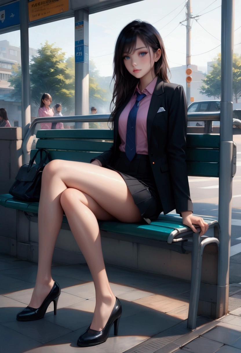 office lady、Navy Recruit Suit、Sitting tight on a bus stop bench、Spread your legs、Double Peace、White lace panties、Shortcuts、hairpin