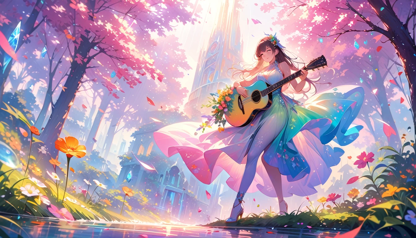 (best quality,4k,8k,highres,masterpiece:1.2),ultra-detailed,realistic,crystal-clear guitar carving,translucent morning of spring,sunlight reflection on guitar,body details,delicate strings,vibrant color palette,sculpting tools,hourglass figure,sound holes,elegant curves,polished surface,delicate engravings,effects of light and shadow,subtle reflections,shimmering surface,sparkling gemstones,flower petals falling,floral patterns,emerald accents throughout,transparent springtime essence,ethereal atmosphere,peaceful garden background,serene ambiance,morning dew,soft sunlight filtering through trees,lush greenery,vividly colored blossoms,harmonious blend of nature and art,impeccable craftsmanship,transcendent beauty,awe-inspiring artwork
