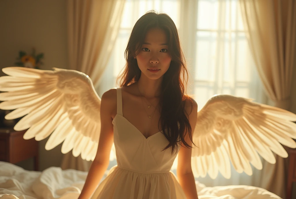 《Very realistic photo》 Produza uma foto de corpo inteiro mostrando um anjo e um diabo em uma mulher, Beautiful asian beauty face, sorriso do anjo e sorriso do diabo, tatuagens por todo o corpo, Asas de Anjo e Asas do Diabo, Cabelo longo bonito da marca platina e cabelo longo preto. high resolution, 32k, obra-prima muito intrincadamente detalhada.