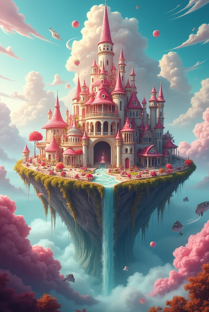 ASCIIaerial view very high altitude extreme wide shot pink diamond fantasy castle on the clouds, pool waterfall