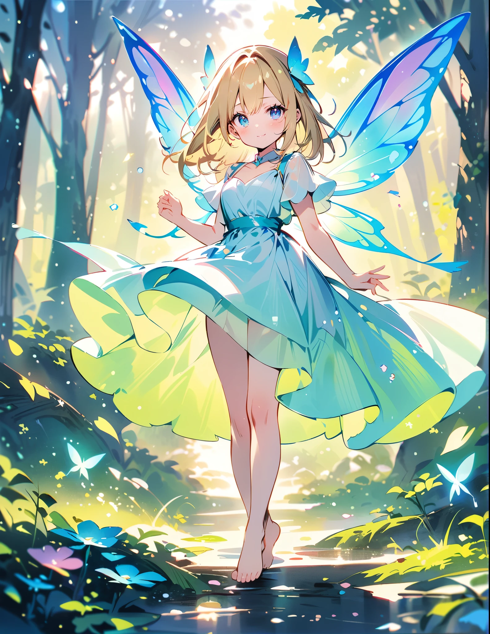 Dsmile,A doll-sized tiny miniature fairy girl with large iridescent glass wings,blonde hair,blue eyes,wearing all white gauzy silk chiffon dress with flutter sleeves and a petal skirt,flying in a fantastic forest,(best quality,4k,8k,highres,masterpiece:1.2),(realistic:0.37),soft colors,bokeh,fantasy,magical,minigirl,micro,fairy-sized,two feet tall,barefoot,floating,((style:colored pencil,Pale colors)),(anime)、(masterpiece:1.2),in the forest、Transparent sparkly fairy wings、Fairy Girl、