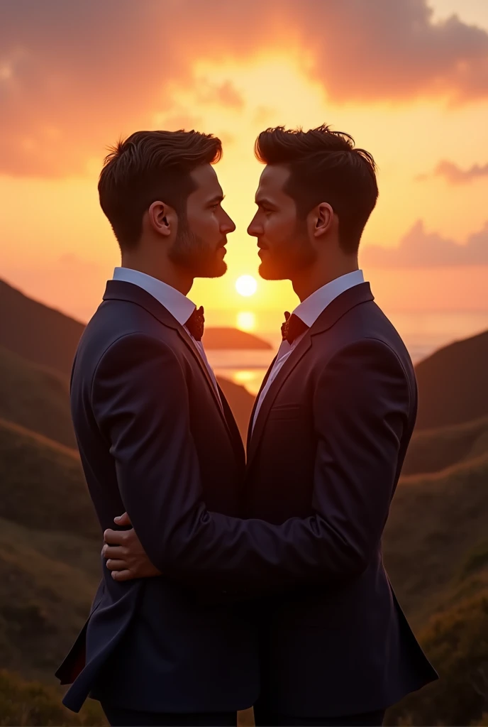 two young men kissing at sunset on the Titanic ship. Details of the sunset in the background and the sea. best image quality, 4k, ship's official uniform, elegant suit, kiss, hyperrealistic. --auto --s2
