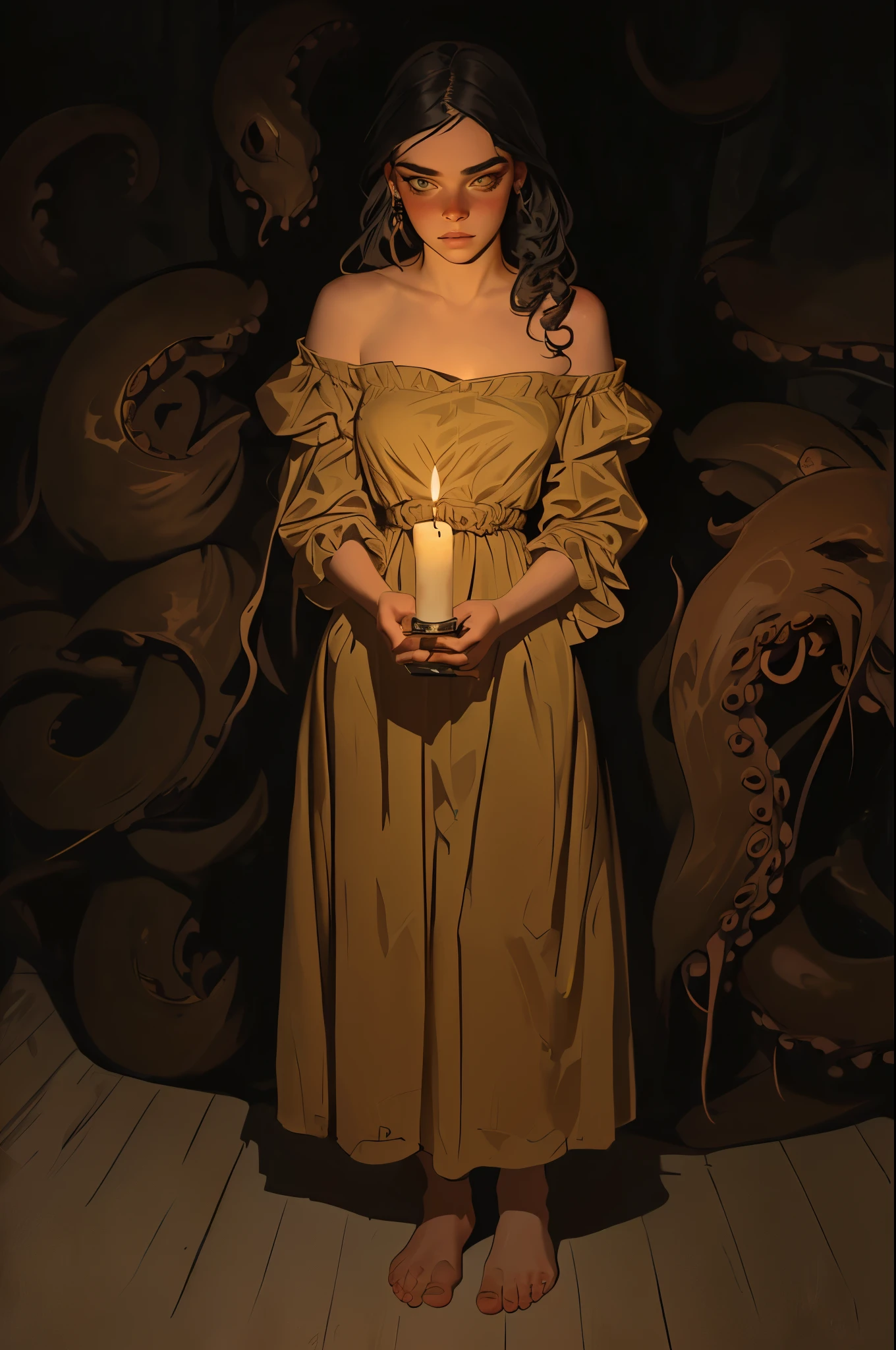 a barefooted confused looking attractive nude woman from 17th century France based on Billie Eilish, she peers at something in front of her while holding a candle in her hand, full body shot, baroque, highly detailed cinematic illustration, black outlining, full color illustration, vivid colors, she stands in the darkness illuminated by the candle, in the background are demonic octopus tentacles threatening her though she is unaware of it, horror vibes