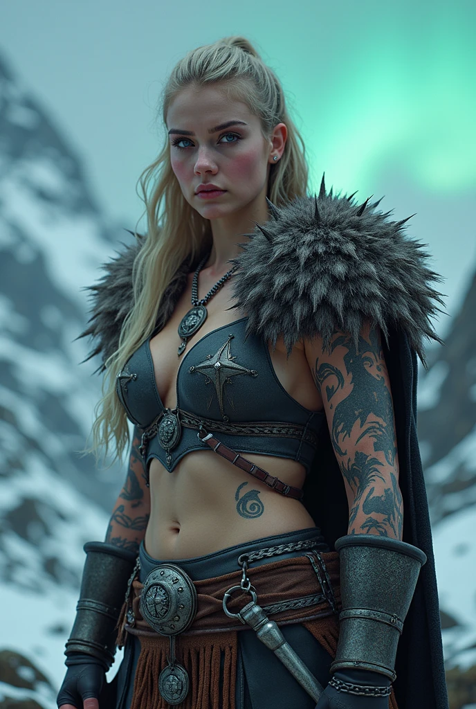Highres, best quality, extremely detailed, area lighting in background, HD, 8k, extremely intricate:1.3), (cowboy shot), Painting, 1 mature Nordic woman, ice dragon, blue eyes, (ice forming on the body to form armor:1.2), (ice sword:1.2), GlowingRunes_blue, runes on stomach (ice dragon in the background), (((wearing rune etched full plate mail armour))),strong bare arms, exposed naval, (abs). Highly detailed, norse, berserker, big arm muscles, leg muscles, (bulky), leather straps, (((large breasts))),(((blue Norse tattoos))),fit, muscled, detailed face, earrings, ((braided hair))