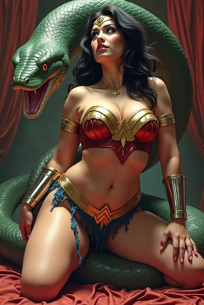 Wonder Woman defeats the dragon，Octopus tentacles，Wonder Woman fighting on the dragon head，Dragon Eyes，a girl, Gal Gadot plays Wonder Woman,  body, Beautiful face，A charming smile，Lively expressions，，seduce。huge , Huge , plump body,  bra,  , Background horror、Magic high quality paintings