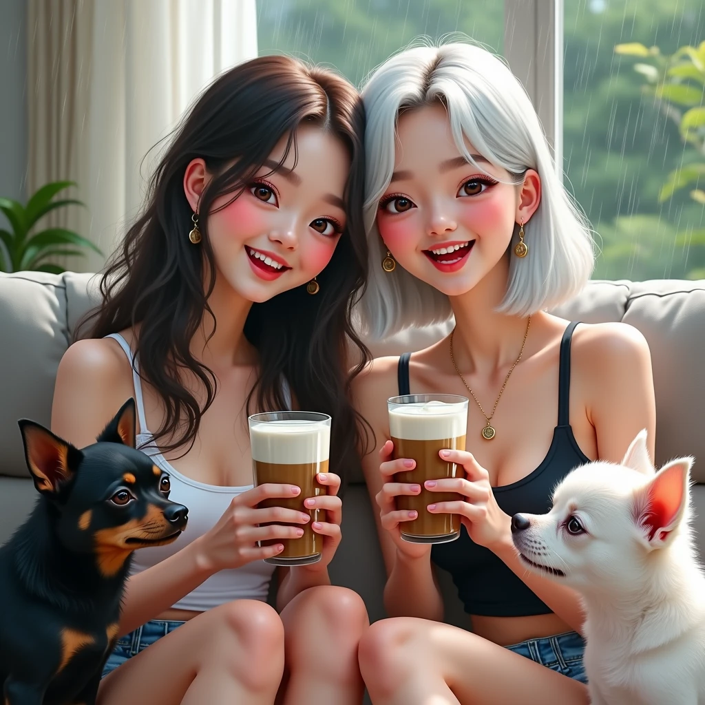 Hyper-realistic airbrushed image caricature of korean two women: one with bright clear skin, brown eyes, long hair, bright pink lips, and the other with white skin, silver-white bobbed hair, bright pinkish lips, both wearing black and white tops, denim shorts, holding a glass of milk coffee, smiling, laughing, sitting in the living room of their house, with pouring rain outside, a black pet, a fluffy white chihuahua, and a puppy chihuahua