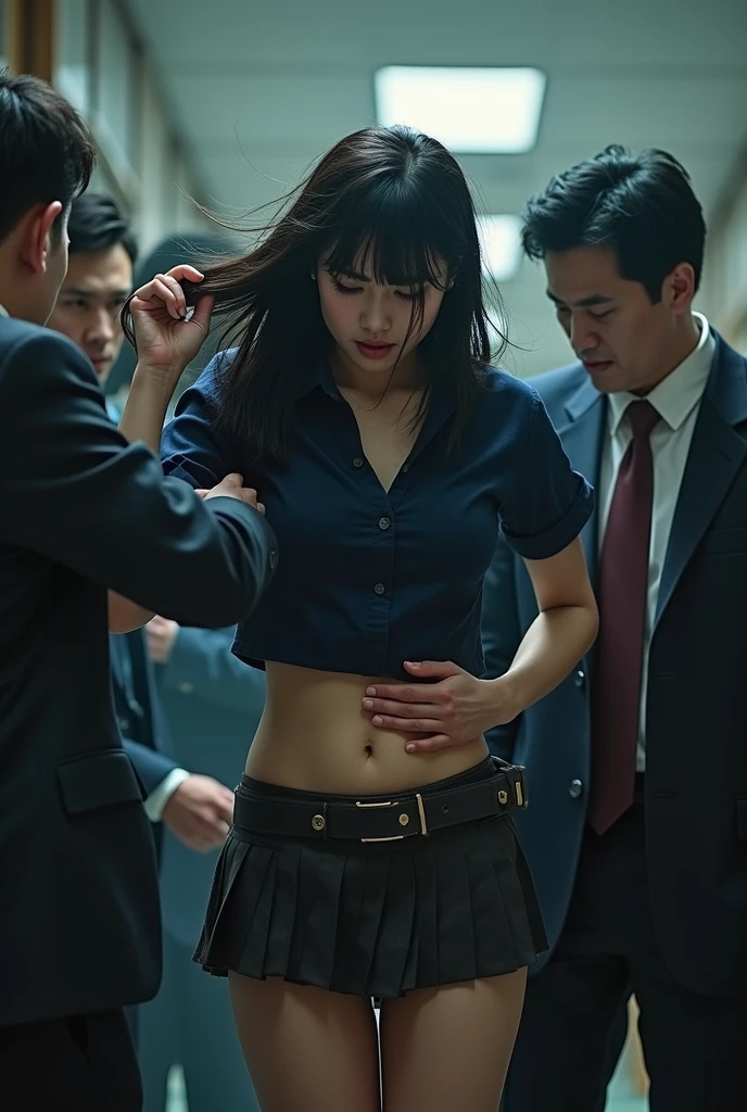 Women in Professional crop top suit, pants, walking to work, show belly, realistic bellybutton shape, necktie, ((tied up by chain,arms up,)), ((crying)), 
