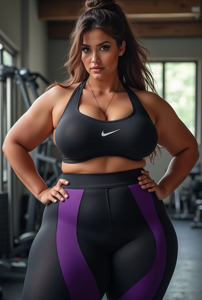 Simone, a 20-year-old French athletic woman, stands at 6'9" with a muscular body. Has long ebony hair and focused hazel eyes. Simone has very big breasts.
Simone wears a neon green crossfit suit. She stands in industrial environment.