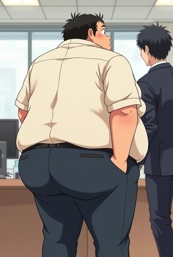 Anime screencap, two male office workers have gay sex in front of their coworkers, on top of cluttered table , restaurant, surrounded by coworkers, anal sex, penis, testicles