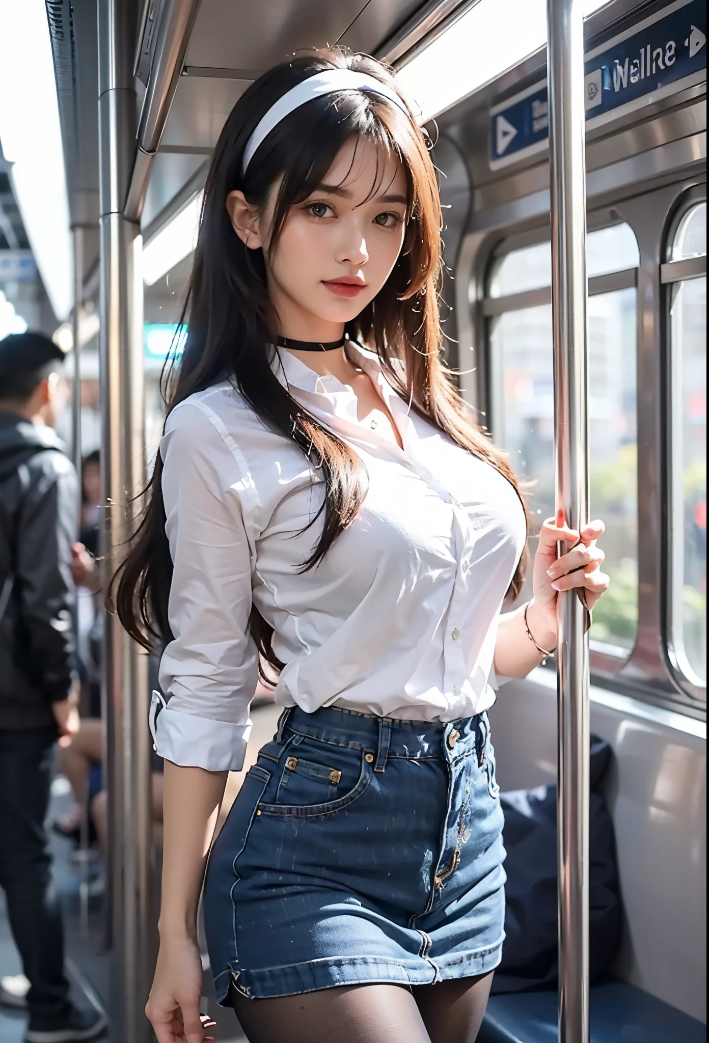 (A hyper-realistic), (illustratio), (high resolucion), (8K), (A highly detailed), (The best illustrations), (Beautiful detailed eyes), (Top Quality), (Very detailed), (masterpiece), (In the subway:1.4), (Detailed face), Solo, 1 Girl, White wavy hair, South Korean, Dichromatic eyes, large full breasts, Long leg, firm abs, camel toes, dynamic posing,Pull up your skirt to show yourself in panties,(school uniformss:1.3),Thin tops,short skirts,韓国アイドル,20yo,Sit on a chair with your legs slightly apart,,navels,Unpacking your shirt,Spread your legs so that you can see your panties through the skirt,Subway Chair,lift up skirt,Hold the end of the skirt with both hands and raise it.Hold the skirt with your hand and lift it up