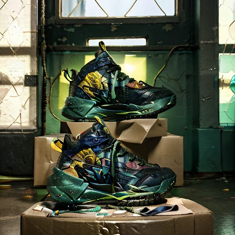 close-up of a pair of brightly colored Crocs shoes on the center stage in this vibrant still, their punk-inspired design showcasing an array of metallic studs and bold patterns. The shoes' spacious compartments cradle a pair of neon green socks, their playful hue a stark contrast against the rugged exterior. A youthful foot, boasting a warm, sun-kissed complexion and adorned with a rainbow of multicolored bracelets, slips into the right shoe. The individual's gaze is fixed off-camera, a mixture of curiosity and anticipation etched across their features. The scene is enveloped in a warm, inviting glow, the soft, golden light of a late afternoon sun filtering through a nearby window. The overall image exudes a carefree, youthful energy, drawing inspiration from the whimsical visual style of filmmaker Wes Anderson, complete with a subtle film grain, vivid color grading, and a dreamlike atmosphere.