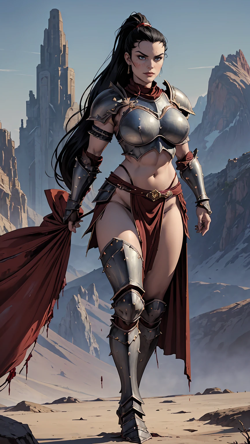 a sexy woman in armor standing on a rocky hill, fantasy woman, fantasy warrior, by Yang J, very beautiful barbarian, warrior girl, beautiful warrior, female warrior, style by raymond swanland, fantasy art by tyler edlin, a woman very beautiful berserker, artgerm julie bell beeple, wojtek fus, movie goddess body photo, fantasy woman, inspired by WLOP, wlop and ArtGerm, wlop style, wlop art, deviantart cgscosiety art station, wlop art, character hyper detailed fantasy, fantasy costume, realistic fantasy depiction, Best in WLOP, (nsfw:1.5), ((BEAUTIFUL WOMAN standing on mountain)), sunset sky, red sunset clouds, sunset, long hair in the wind, fantasy, overexposure, perfect eyes, metallic colors, surreal art, full body, view of the mountainous horizon, lake in the distance, lady in the center of the scene, ((huge full moon in front of the sun)), (( naked woman in transparent clothing)), ((dark storm clouds with lightning)), ((lightning)), ((light rain, fog in the distance)), goddess on the top of the mountain, ((haired goddess exaggeratedly long brown and black)), ((girl standing on a rock)), ((girl on the mountain looking into the emptiness of the valley)), ((lamp and flashlight)), (night light)), ((face of Caucasian European girl)). ((Viking queen face)), ((semi-naked Viking queen)), ((transparent clothing shows naked body)), ((small breasts)), ((skin wet by rainwater)), ((skin bright and wet )), slight smile, ((light drizzle with lightning)), light armor showing naked body, ((stunning female model seen from below)), angle from below, realistic skin), reflective Victorian paint with a remarkably vivid complexity, ((shield)), ((viking warrior shield)), (nsfw:1.5)