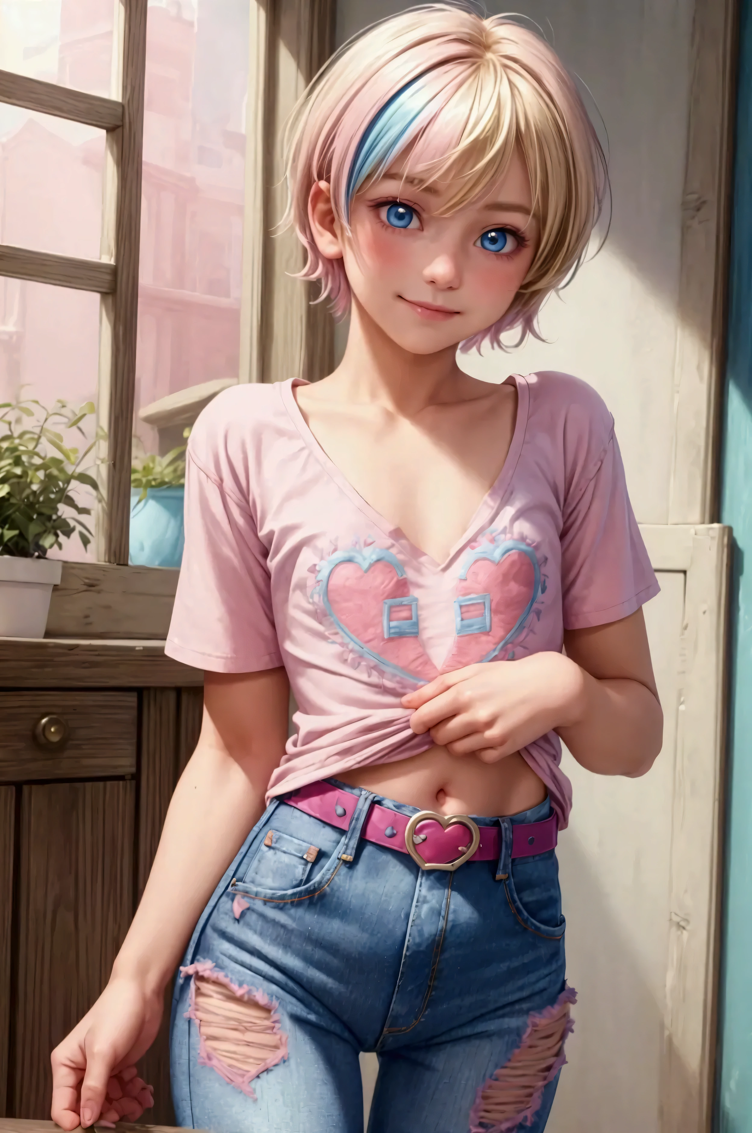 (masterpiece, best quality), 1boy, blonde boy, boy face, boy body, cute boy, femboy, light blue eyes, short hair, messy hair, bangs, pastel rainbow inner hair color mesh, cute face, shy smile, pink short sleeve cropped T-shirt, (no breast), bare arms, smooth tummy, dark blue denim high waist skinny jeans, (pink hearts embroidered on jeans), (belted jeans), pink glitter belt, blonde hair, cute face, boy body, standing, indoor, intricate detail, sunlight, 