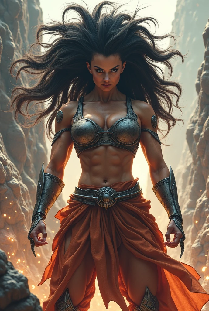 arafed woman with a sword and a lightning bolt in the background, muscular warrior women, unclad against the storm, strong and imposing, feminine and muscular, muscular girl, muscled, muscular and terrifying, splashes of lightning behind her, thunder storm, muscular ultraviolent woman, bodybuilder superhero bikini, fitness model, massive muscles, strong and muscular