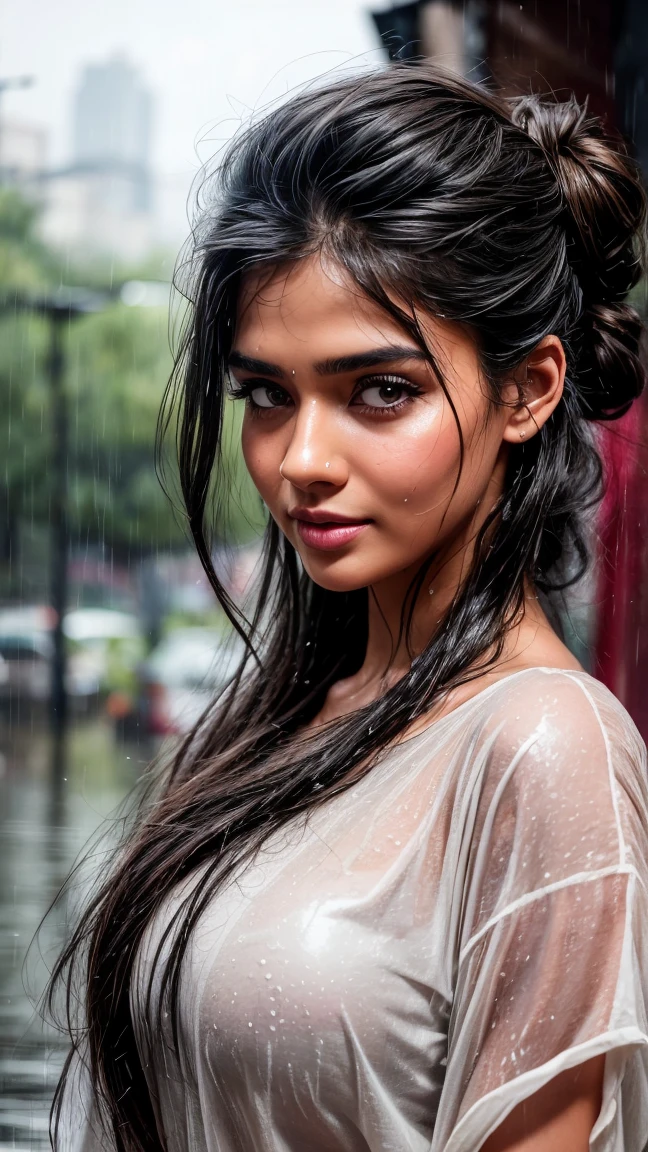 A masterpiece! A stunning Indian girl, her disheveled hair a testament to the torrential rain that surrounds her. Beautiful, detailed eyes sparkle with joy as she gazes directly at the viewer, her long locks tied back in a neat bun. She wears a casual t-shirt, slightly transparent from the wetness, and her medium-round breasts are subtly visible beneath. In a side pose, she revels in the heavy rain shower, her big cheeks flushed with happiness. The street background is a blurred Bokeh, while raindrops glisten on her skin, capturing the essence of a carefree rainy day.rain drops,paid girl , heavy rain, slightly show half nipple , very sexy (conveying love to boy friend) flowers on head 