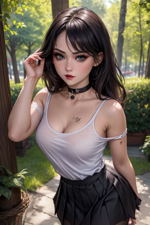 (best quality, 4K, 8K, high resolution, masterpiece: 1.2), ultra detailed, (realistic, photorealistic: 1.37), Emo girl. Hot girl, red lips, choker, eyeliner, eyeshadow, mascara, smoky eyes, bedroom, natural lighting, beautiful detailed green eyes, perfect face, medium breasts, perfect anatomy, tattoo, (short white t-shirt), bare shoulder, (black pleated mini skirt), (pantyhose), picnic, trees, facing viewer, full shot, bottom view