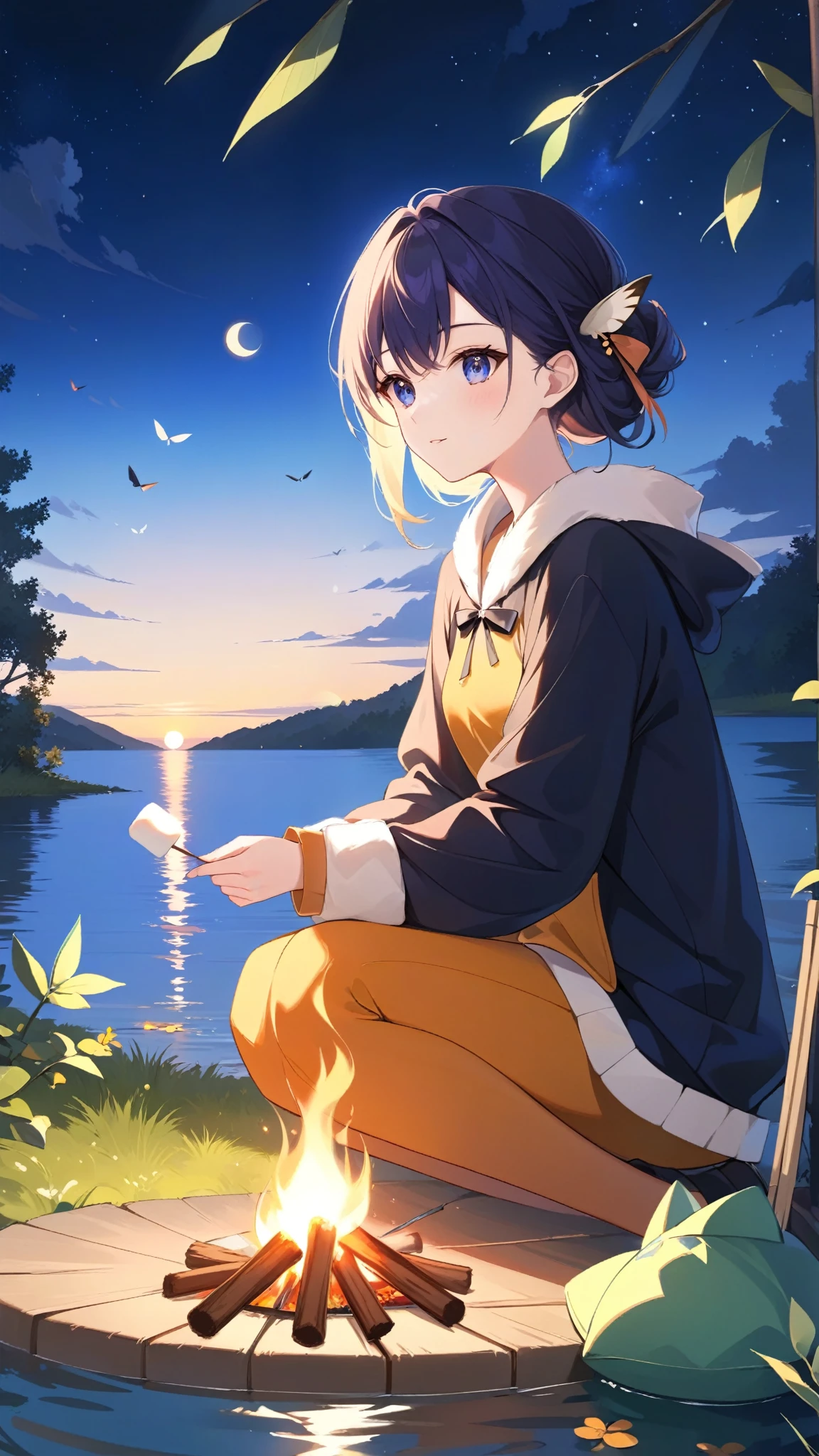 (anime girl),(stars),(night),(bonfire),(Lake in which you can see the moon),(Moths),(Sitting by the Fire Looking at the Lake),(full moon,glare on the water),(light wind),(Girl Holds a Twig by the Fire and Roasts Marshmallows),core_9, score_8_up, score_7_up,
