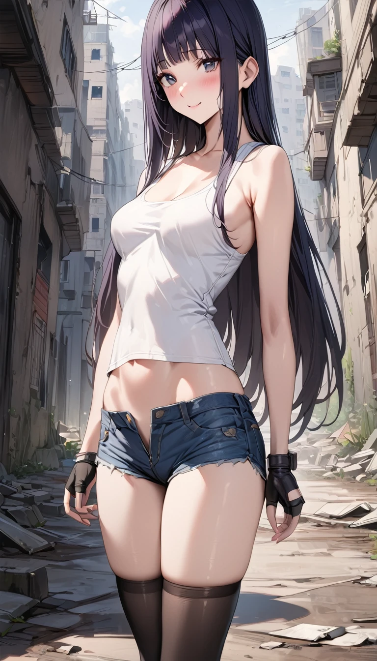 ((masterpiece,best quality anime:1.3,Best Quality)),realistic,portrait,cowboy shot,1woman,young adult,(dark blue hair),straight long hair,bangs,(very small head),gray eyes,(gorgeous beautiful eyes),blush,smile,(long body),medium breasts,(White tank top、Denim shorts、black_thighhighs、Black fingerless gloves)、(slender body,toned body),standing,on street,ruins、Ruined City、