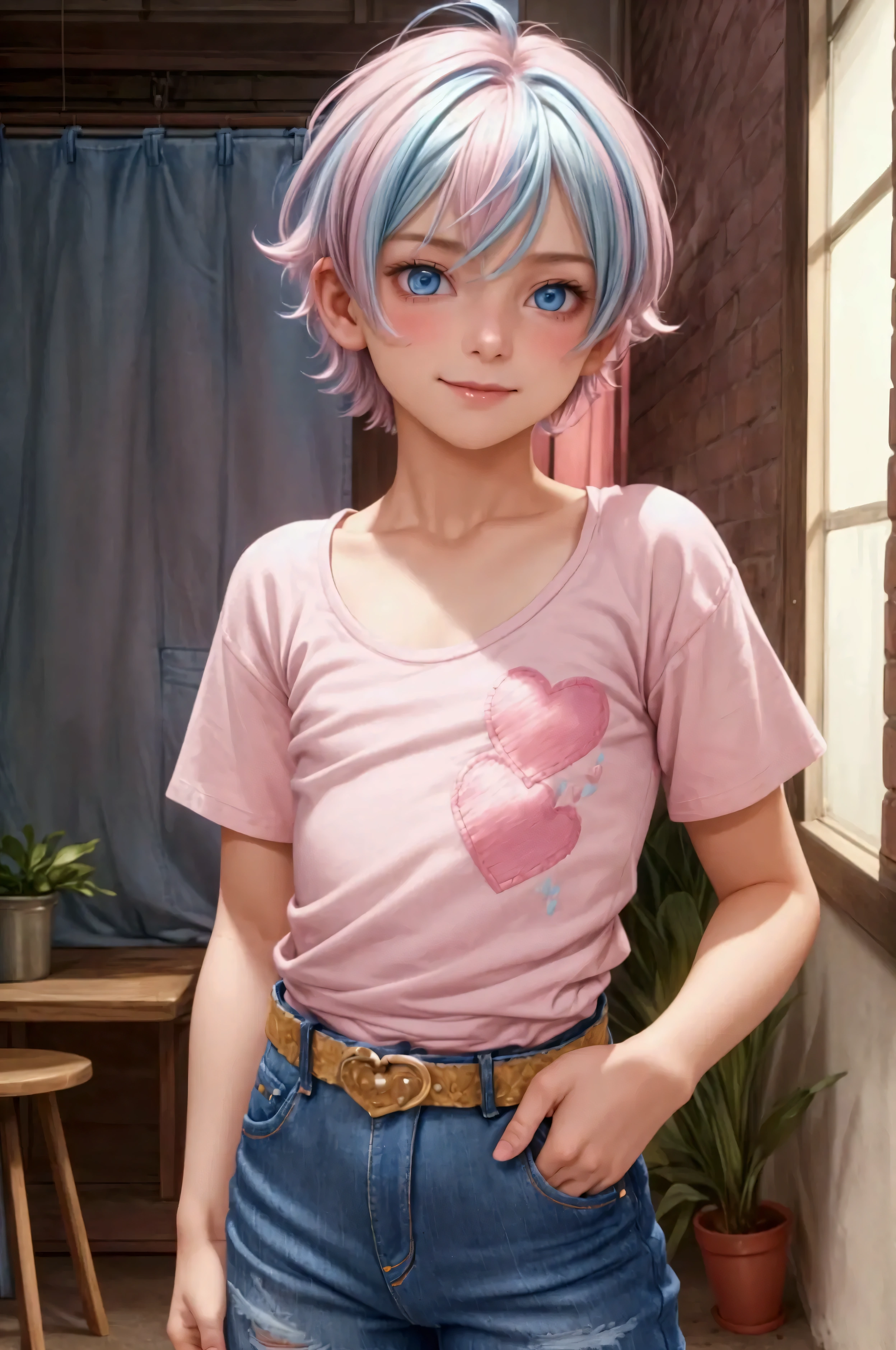 (masterpiece, best quality), 1boy, boy face, boy body, cute boy, femboy, light blue eyes, short hair, messy hair, bangs, pastel rainbow hair, cute face, shy smile, pink short sleeve cropped T-shirt, (no breast), bare arms, smooth tummy, dark blue denim low waist skinny jeans, (pink hearts embroidered on jeans), (tiny bulge on jeans), (belted jeans), light pink glitter belt, blonde hair, cute face, boy body, standing, indoor, intricate detail, sunlight, 