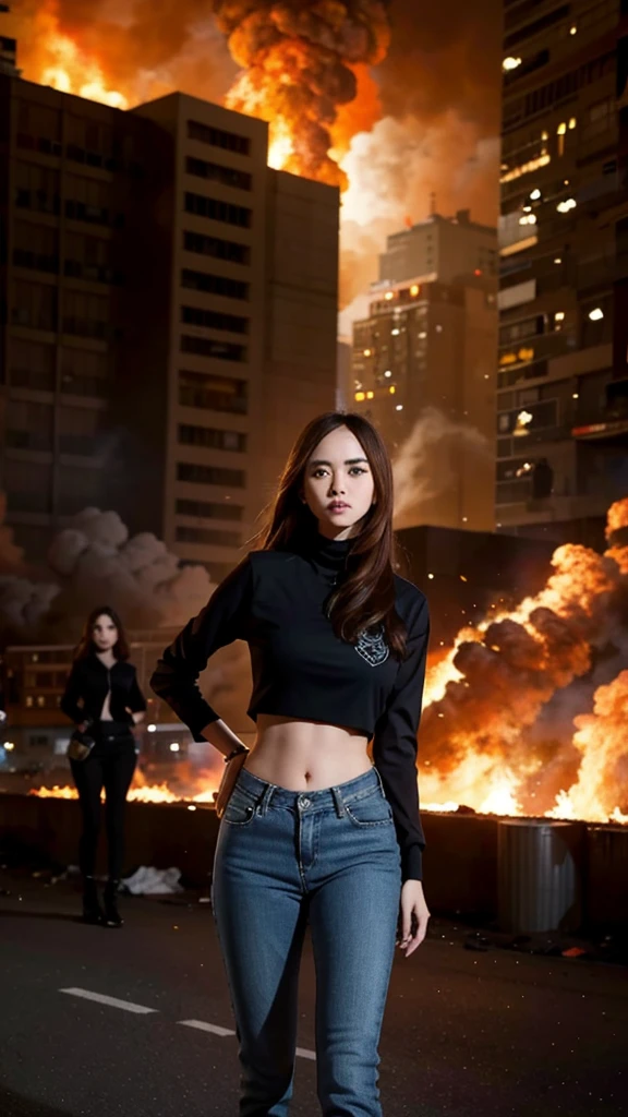 "Design an 8k image of three girls wearing stylish jackets, crop tops, and jeans, standing in an outdoor setting against a backdrop of a burning city in chaos. The cityscape is engulfed in flames, with smoke billowing into the sky, shattered glass, and buildings collapsing in the background. The girls are posed confidently, showing a mix of determination and defiance as they stand amidst the chaos. The lighting is dramatic, with fiery reflections on their faces, capturing the intense atmosphere of destruction and rebellion. The scene should feel dynamic and action-packed, emphasizing their bold presence against the chaotic urban landscape."