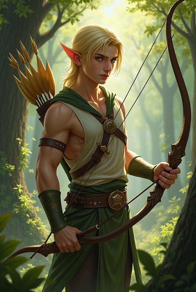 photorealism. A satyr lurked in the thick, dark thickets of fern leaves.. The satyr has waist-length yellow hair and a side bang. Very small horns. His legs are always completely covered with brown fur and always have hooves.. The satyr has a bare torso with a heart tattoo on his chest. Skin color tanned, Faun Ears. The satyr's appearance is Korean. He's a handsome guy. He shoots an arrow from a bow from the fern thickets, A kind jaguar next to him. And this satire has fawn legs. The jaguar hunts with him.