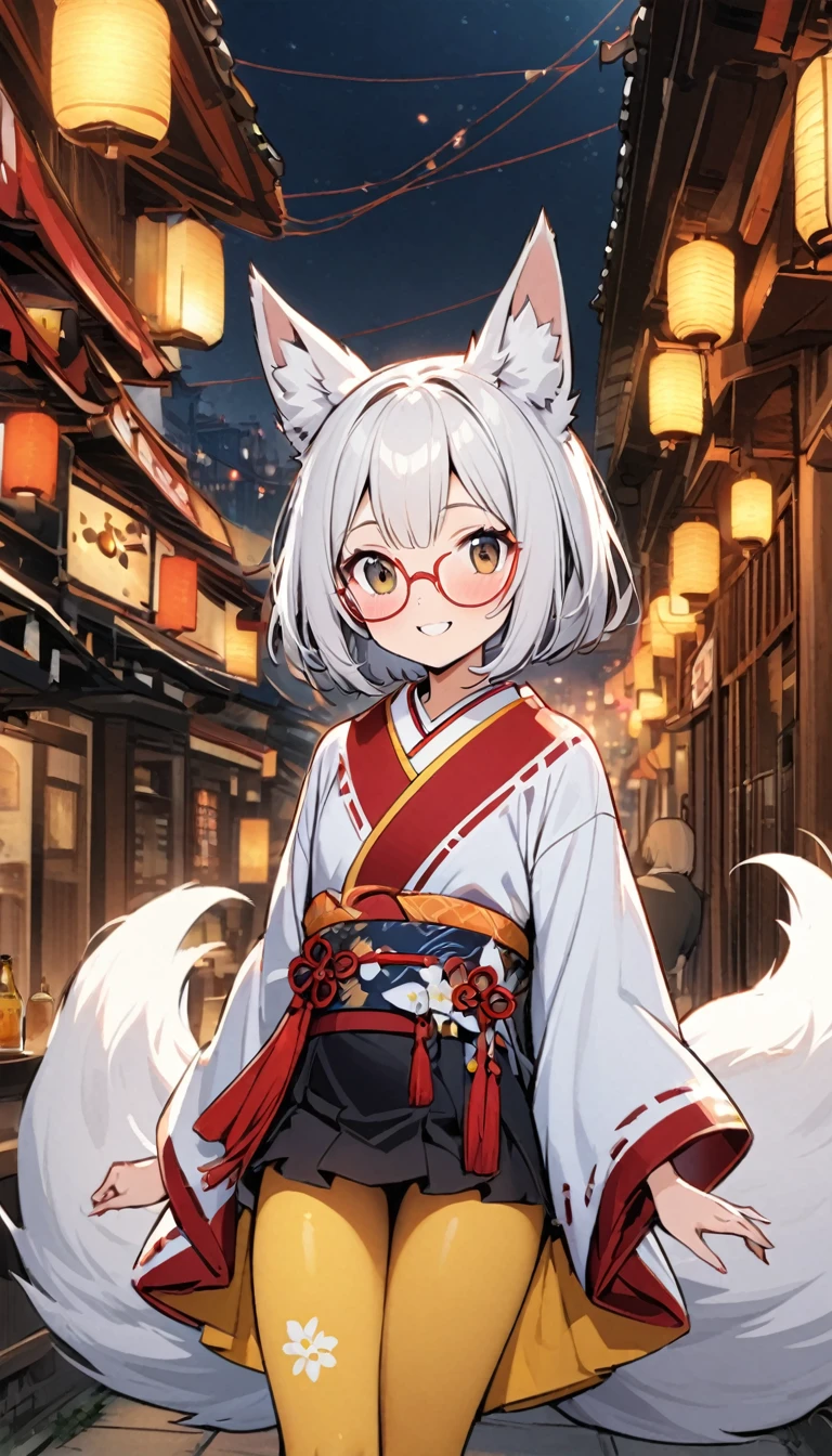 White fox girl,A girl with a quiet personality,One Girl,thin body type,Flat Chest,Vermilion and madder colored odd eyes,Red-rimmed glasses,Droopy eyes,smile,Looks happy,Short Hair,Bobcut,White Hair,Red Mesh,fox ears,kimono,Short black skirt,Fox Tail,1 bottle,Deep golden yellow tights,Date with a big man,night