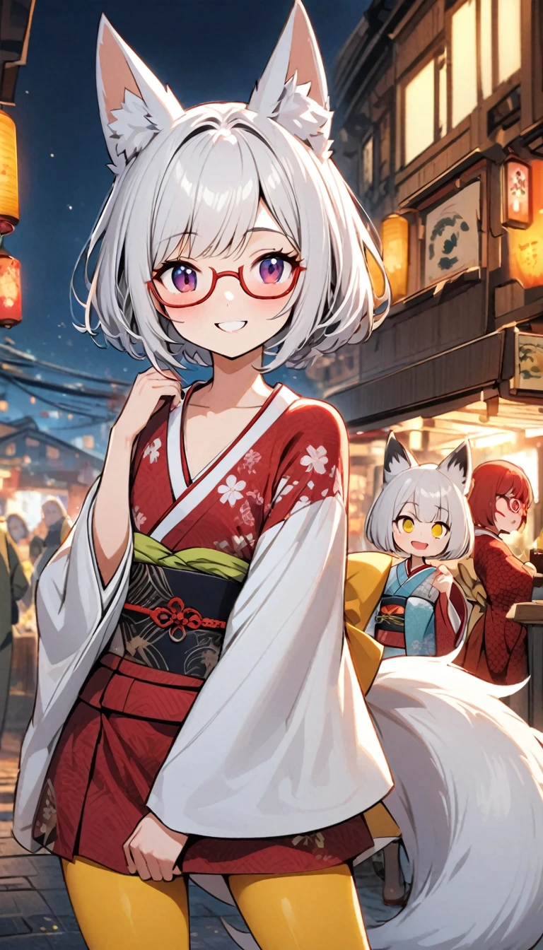 White fox girl,A girl with a quiet personality,One Girl,thin body type,Flat Chest,Vermilion and madder colored odd eyes,Red-rimmed glasses,Droopy eyes,smile,Looks happy,Short Hair,Bobcut,White Hair,Red Mesh,fox ears,kimono,Short black skirt,Fox Tail,1 bottle,Deep golden yellow tights,Date with a big man,night