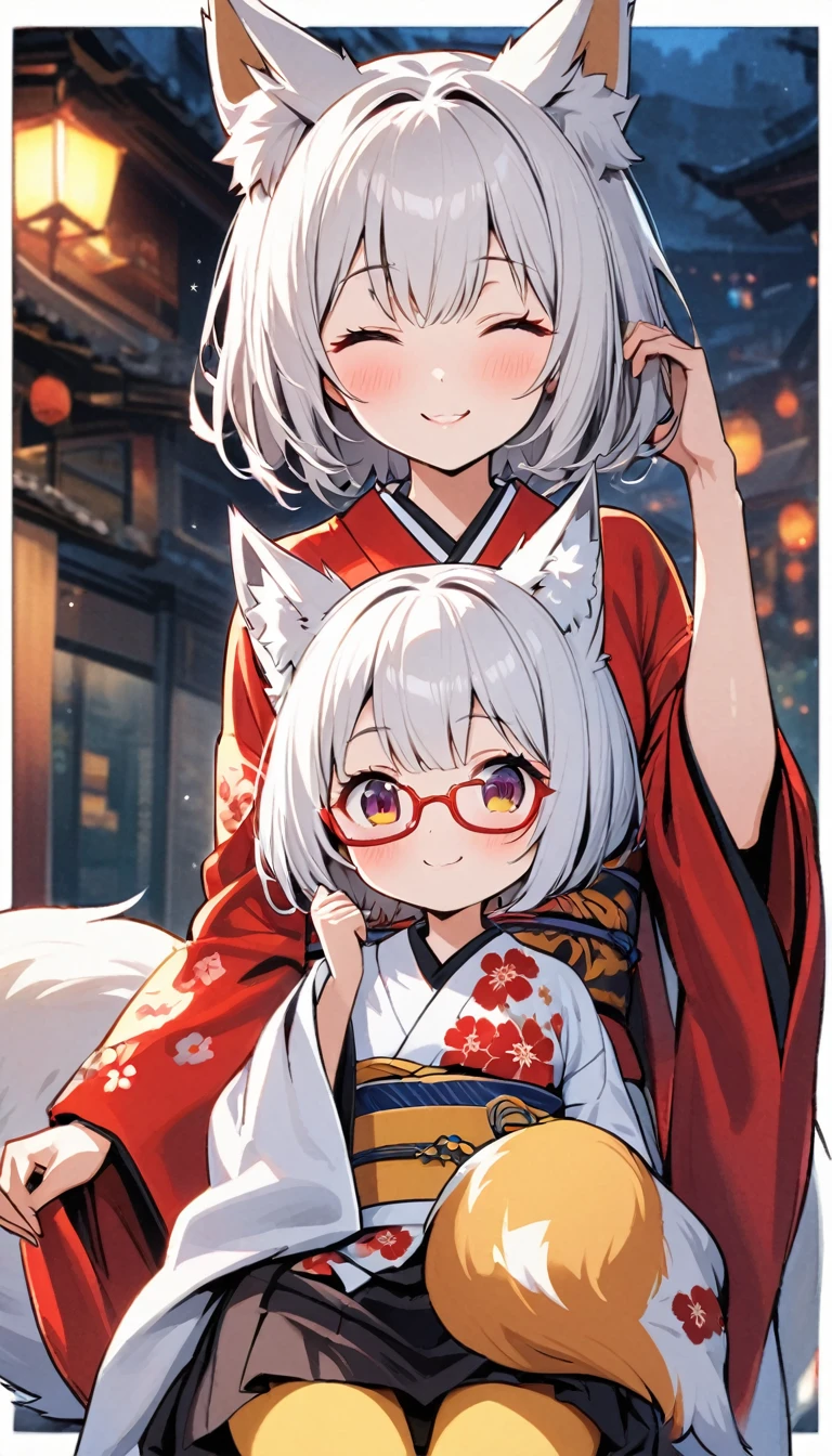 White fox girl,A girl with a quiet personality,One Girl,thin body type,Flat Chest,Vermilion and madder colored odd eyes,Red-rimmed glasses,Droopy eyes,smile,Looks happy,Short Hair,Bobcut,White Hair,Red Mesh,fox ears,kimono,Short black skirt,Fox Tail,1 bottle,Deep golden yellow tights,Date with a big man,night