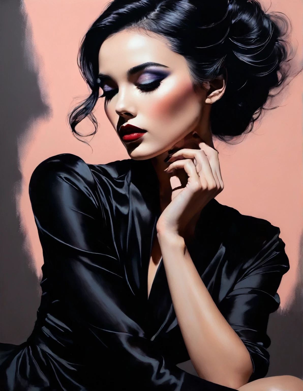 A woman with black hair and a black dress,chiaroscuro technique on a sensual illustration of a model in a fashionable pose. Продемонстрируйте элегантность и refinement ее наряда и позы., Vintage, matte-creepy, silky matte painting, Hannah Dale, Harumi Hironaka, extremely soft colors, Bright, highly detailed digital works, High contrast, dramatic, refinement, key, emphasis on touch, connection and relaxation