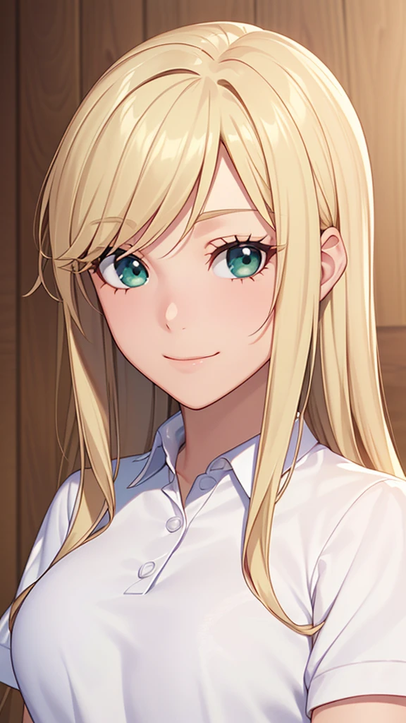 ((masterpiece, Best Quality, High resolution, 超High resolution, Pixel perfect, Depth of written boundary, 4K, RTTX 10.0, High resolution))), ((One person, single, Alone,))Beautiful anime, Beautiful art style, Anime characters, ((Long Hair, Parted bangs, Blonde)、straight hair), (Green Eyes:1.4, Round eyes, Beautiful eyelashes, Realistic eyes), (Detailed face, ), (Smooth texture:0.75, Realistic texture:0.65, Realistic:1.2, Anime CG style), ( from front、top of head,), ((upper bod))y perfect body, Big Breasts, ((White polo shirt、Short sleeve、)), smile, 