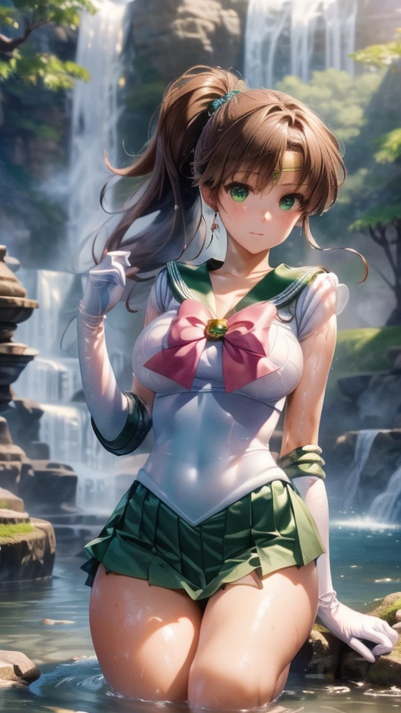 (((masterpiece))), (((High resolution)))、(((8K quality)))、(((Perfect Face)))、 , Looking into the camera, ((最high qualityの目)), (Detailed face), (Detailed Texture), Sailor Jupiter Cosplay Costume、One Girl, Alone, High resolution, Anatomically correct, 最high quality,Please draw the whole body 、My breasts are a little small、White long gloves、Green Skirt、(((By the waterfall、On my knees、Soaking wet)))、One Girl, Alone, High resolution, Anatomically correct, 最high quality, High resolution, masterpiece, 最high quality, Very detailed, 超High resolution, Textured skin, high quality, High resolutionモデル, Armpit