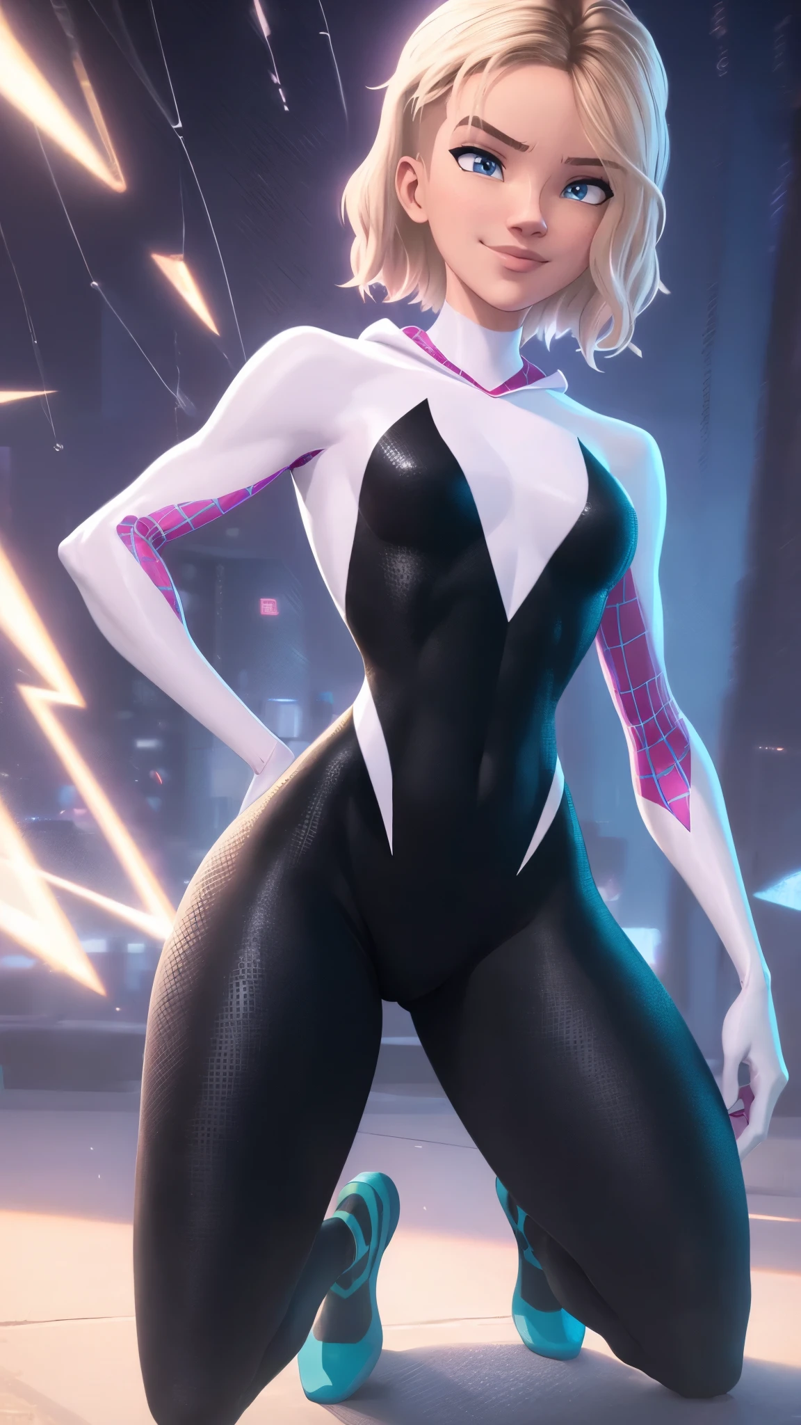 Spider-gwen da Marvel,(best qualityer,4K,8k,high resolution,work of art:1.2)(weather: raining), new york background, city rooftops, wide hips, short curly hair, blonde and pink hair, full bodysuit, vintage shoes, light makeup, heroic stance, ultra detailed,portrait,realistic,beautiful detailed blue eyes, beautiful detailed lips,extremely detailed eye and face, long eyelashes,average, medium breasts,flying hair,beaming smile, sexy smile,powerful girl in combat, bright coloured, dramatic lighting, spider web,