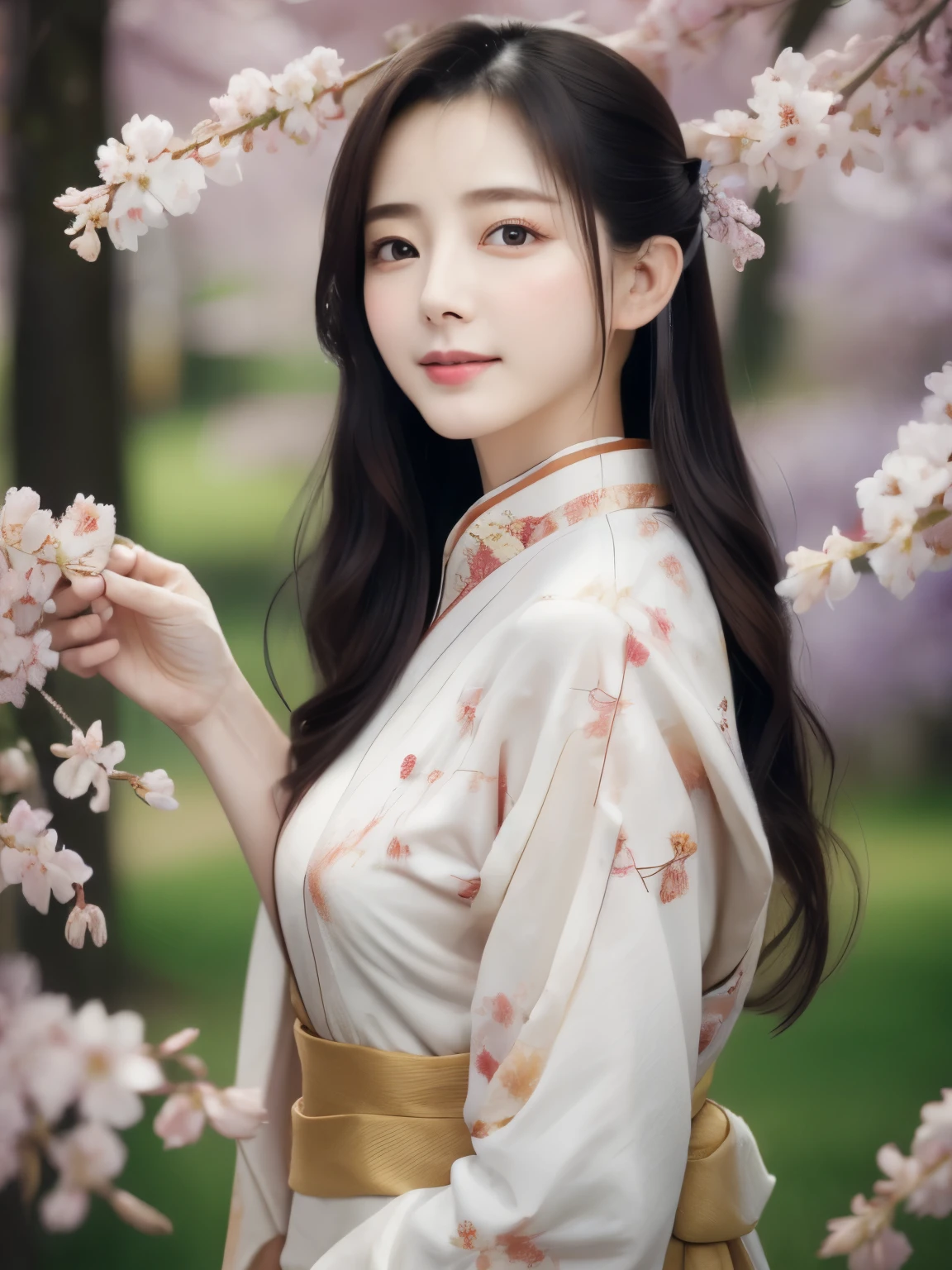 ((photorealistic:1.3)),((ultra detailed)),((sharp:1.5)),1girl, Alone, cherry blossom, cherry blossom, white flower, white flower, spring season, Wisteria, petals, flower, plum blossoms, outdoors, falling petals, black eyes, from left side, white kimono, purple hairsumi,(Hanfu), starlight hair,hair down,full body,((traditional chinese fan in the hand)),((left shoulder)),Beautiful breast shape，Very thin waist，Beautiful legs，naked