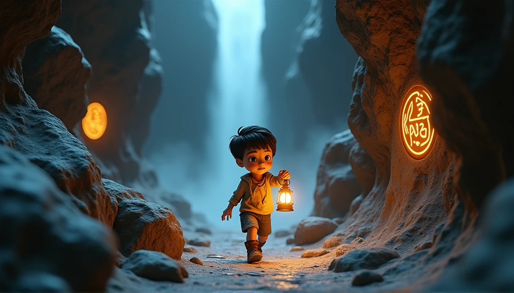 boy surprised to see a box of glowing lights with a rare spaceship toy, he is next to a well, the scene is dramatic and takes place in the middle of a forest. Disney pixar style